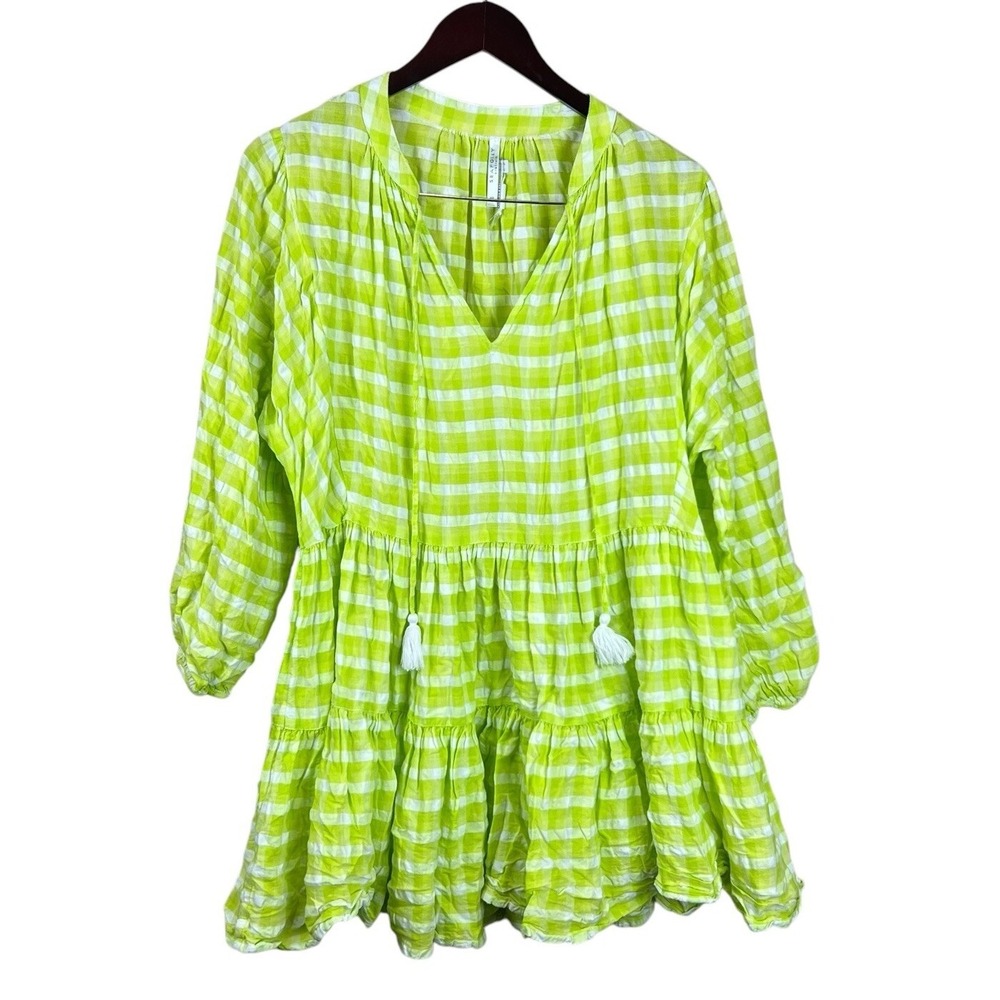 Seafolly Portofino Gingham Cotton Tiered Short Dress in Wild Lime Size M/L